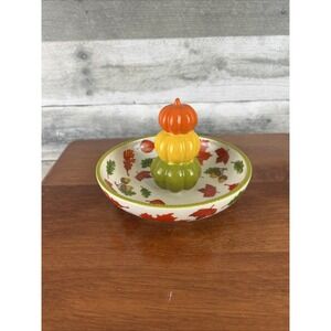 Temptations Fall Leaves & 3D Pumpkins Candy Nut Serving/Trinket Dish 6" x 3.5"